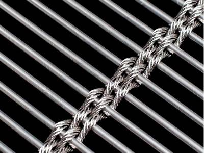 Una imagen de agrandar sobre pañería tejida del alambre, es tejida por las barras de acero y cuatro cuerdas de alambre de acero de los filamentos.