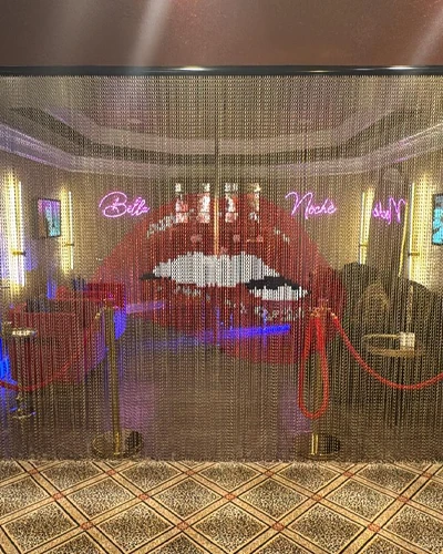 Anodized chain link curtain used in entertainment room