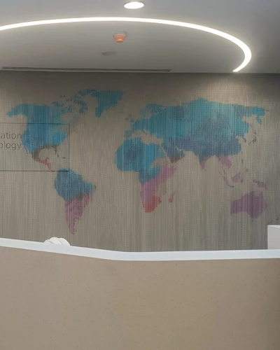 Anodized chain link curtain used at front desk reception