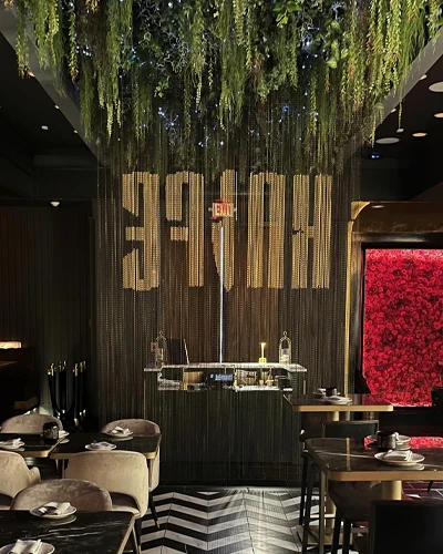 Anodized chain link curtain used in restaurant