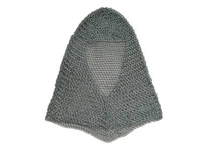 A chinmail coif is on the white background.