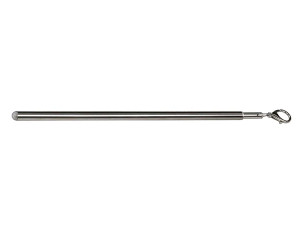 An aluminum curtain pull rod with a round transparent cap and lobster hook