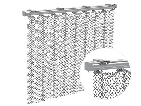 Drawing of flexible mesh curtain sliding track mounted on the ceiling