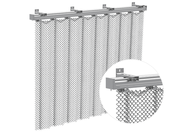 Drawing of flexible mesh curtain sliding track mounted on the wall