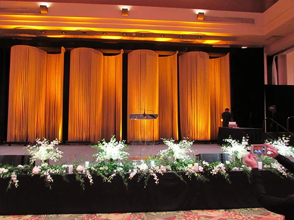 The concert stage utilizes a metal chain link curtain combined with lighting effects.
