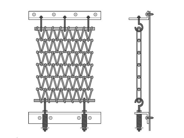 Front and side views of tension spring of metallic curtain installation