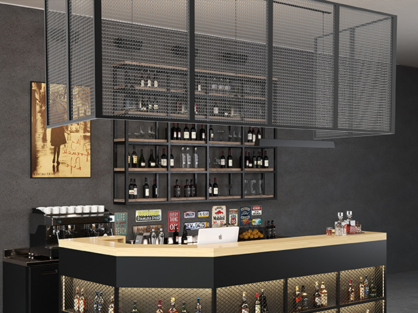 Ceiling in bar decorated with stainless steel metallic curtain gama flexi above the counter