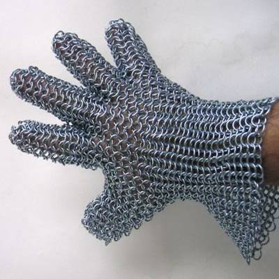 A five-fingers stainless steel mesh glove with a short sleeve has elastic band in wrist.