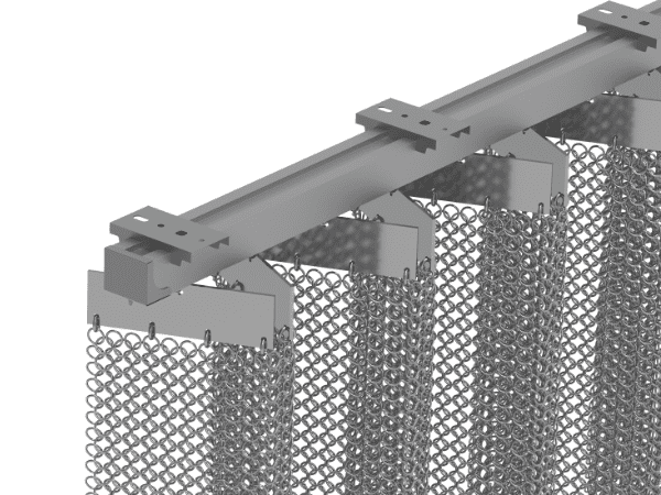 Chainmail curtain connects with the connect plate and is then installed on the slide rail.