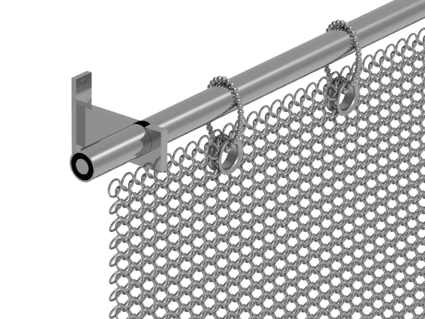 Chainmail curtain connects with the hook chain and is then installed on the metal rod.